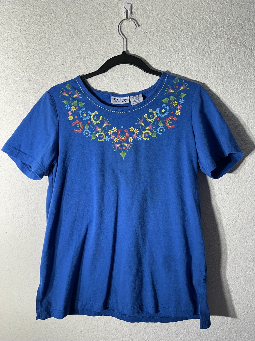 Vintage Blair Royal Blue Floral Scoop Neck Short Sleeve Top Medium